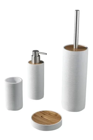 Prezzo Ridotto Set 4 Accessori da Bagno in Resina TFT Accessories Bianco Rigato e Bambù