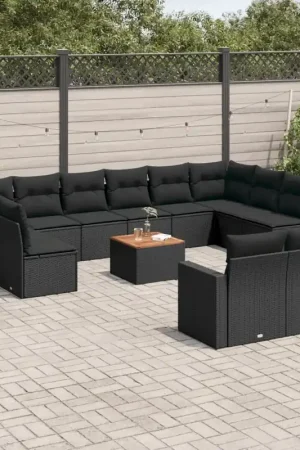 Offerta Set Divani da Giardino 13pz con Cuscini Nero in Polyrattan 3256685