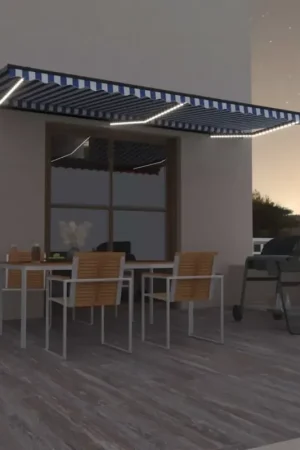 Tenda da Sole Retrattile Manuale con LED 600x350 cm Blu Bianco 3069241 Super Prezzo