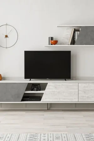 (3c) Porta TV Fiona Bianco Vintage con Anta Retro Grey e Mensola H 48 x P 35,60 x L 180 cm Ultime Pezzi